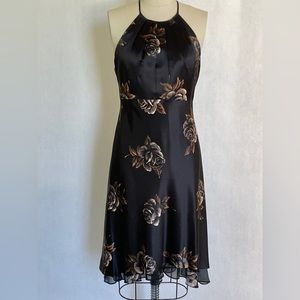 Silk Halter Dress, Black/Brown Floral, Size 8
